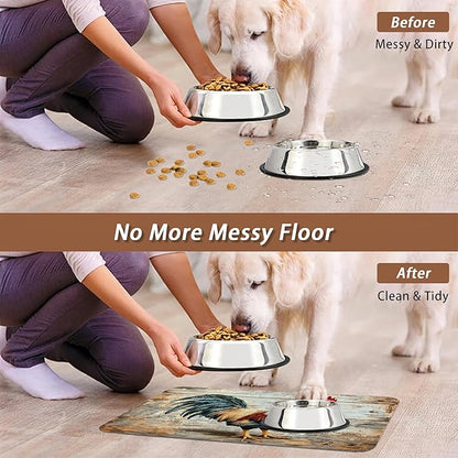 Rooster Dog Food Mat for Floors,Vintage Wood Panel Absorbent Quick-Dry Pet Feeding Mat,Cat Dog Bowl Mats for Food and Water,Non-Slip Pet Accessories Supplies 12"x20"