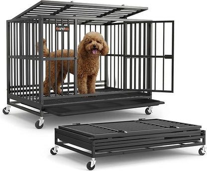 Feandrea Heavy-Duty Dog Crate, 5-Minute Quick Assembly, Foldable Dog Kennel Cage with Lockable Wheels, Double Doors, Escape Proof Fixed Bottom, Removable Tray, Easy to Clean, Ink Black, 37 Inch