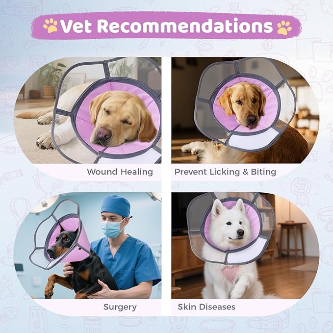 Soft Dog Cone Collar After Surgery Recovery,Adjustable E-Collar with Removable Shield,Lightweight,Breathable Anti-Licking Protective Cone for Large,Medium,Small Pets (Rose Pink, XXL(Neck:20''-25''))