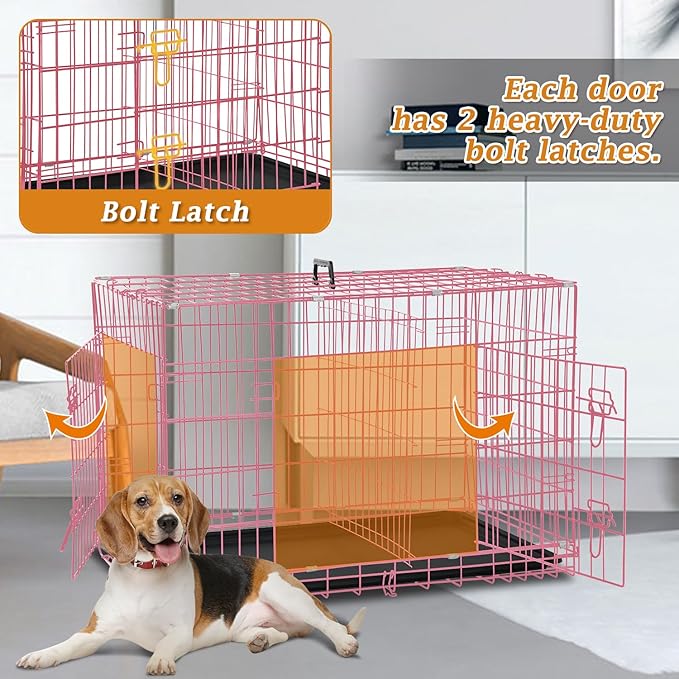 Dog Crate, Folding Portable Outdoor Large Two Door Metal Cat Dog Cage with ABS Tray LC Panel Floor Protecting Feet Wire Animal Pet Dog Kennel with Divider