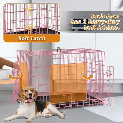 Dog Crate, Folding Portable Outdoor Large Two Door Metal Cat Dog Cage with ABS Tray LC Panel Floor Protecting Feet Wire Animal Pet Dog Kennel with Divider