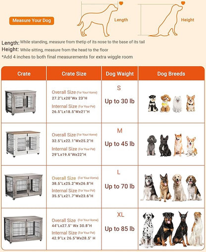 Lulive Dog Crate Furniture Set of 2, Dog Kennel Indoor Double Doors Wooden Dog Cage, 32'' Heavy Duty Dog Crate with Cushion & Wheels, End Table Pet House Chew-Resistant Up to 45 lb, White