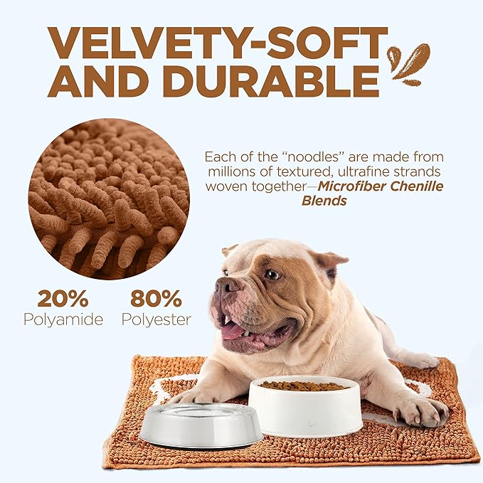 Soggy Doggy Slopmat Dog Food Mat – Absorbent Microfiber Chenille Pet Feeding Mat for Food & Water Bowls, Muddy Paws Small Doormat, Non-Slip, Machine Washable Rug – Caramel/Oatmeal Bone, 18” x 24”