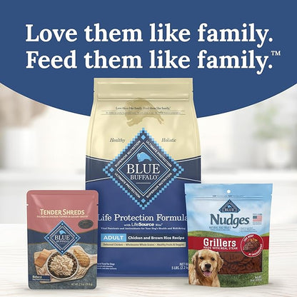 Blue Buffalo Tender Shreds Salmon & Chicken Toppers in Savory Broth, Natural Dog Food Complement, Salmon & Chicken, 2.5-oz. Pouch, 24-Count
