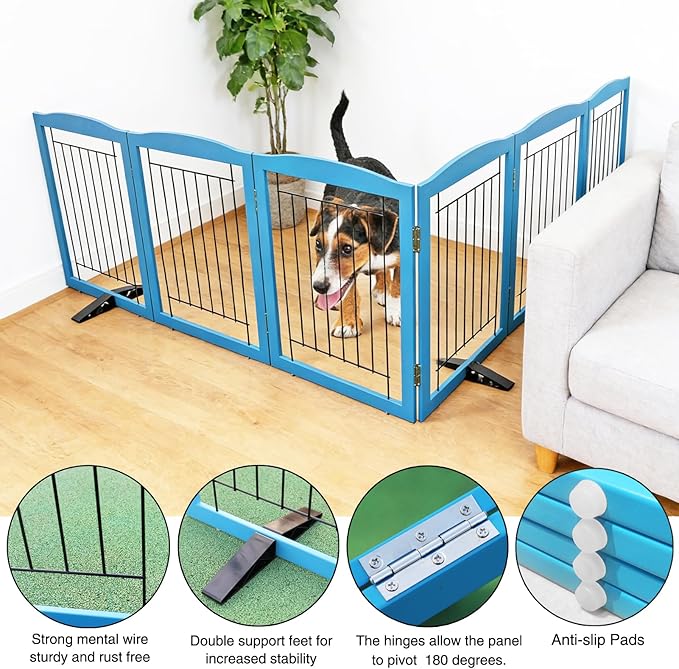 ZJSF Freestanding Dog Fence Indoor, Foldable Dog Gate for Doorways, Stairs or Hallways, Sturdy Wood Extra Wide Pet Gate with Support Feet for The House, Blue, 24 "Height-6 Panels