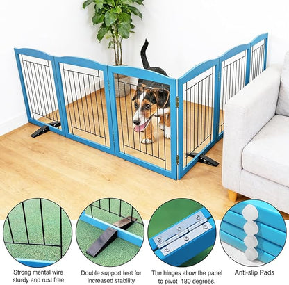 ZJSF Freestanding Dog Fence Indoor, Foldable Dog Gate for Doorways, Stairs or Hallways, Sturdy Wood Extra Wide Pet Gate with Support Feet for The House, Blue, 24 "Height-6 Panels