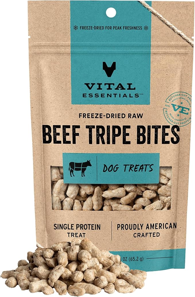 Vital Essentials Freeze Dried Dog Treats | Beef Tripe Bites, Single Protein | Premium Quality | Grain Free Training Treats for Dogs, 2.3 oz Bag