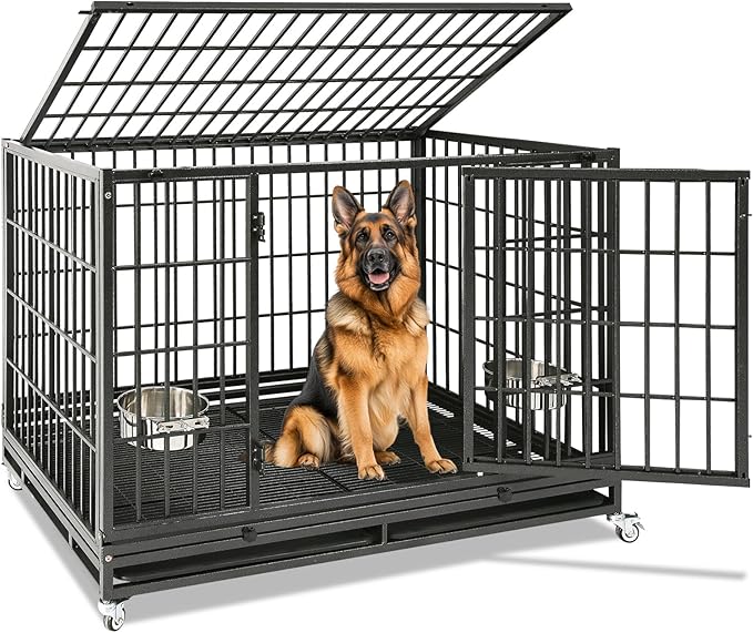 Homey Pet Large Dog Crates for Large Dogs, 47 Inch Heavy Duty Stackable Dog Cage with 2 Bowls, 4 Wheels, Double Removable Trays and Grids, Escape Proof Metal Wire Dogs Kennel Indoor
