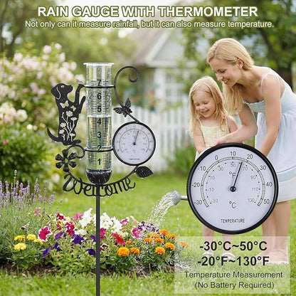 Rain Gauge Outdoor with Thermometer, 7" Capacity Detachable Rain Gauges Outdoors Best Rated with Stake, Cute Dog with Flowers & Butterflies Design Decorative for Garden Yard, Easy-Read Durable