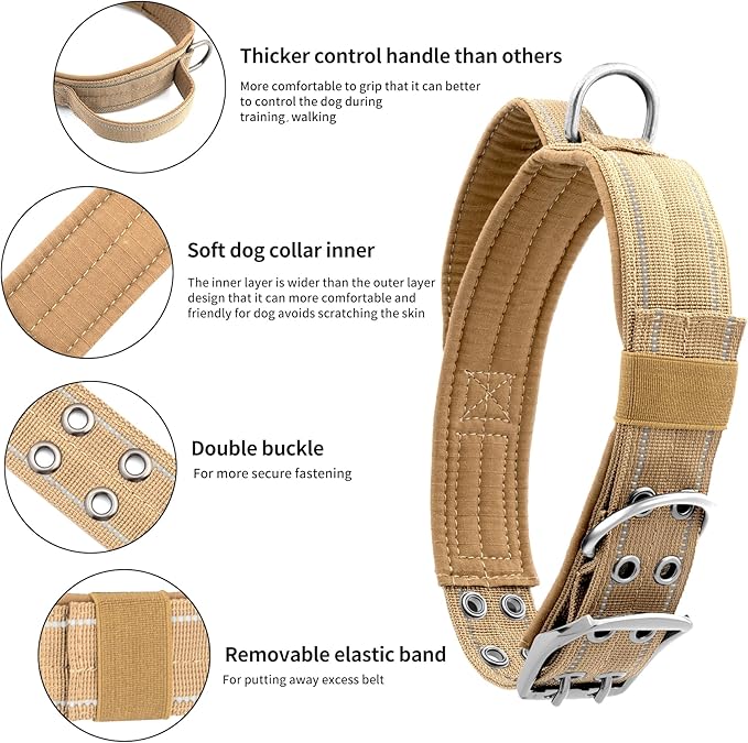 Annchwool Tactical Dog Collar for Medium and Large Dog,Adjustable Military Dog Collar with Soft Padded Handle,Heavy Duty Double Buckle Design(Brown,M)