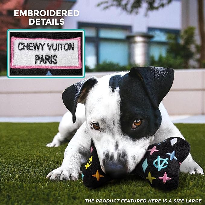 Haute Diggity Dog Chewy Vuiton Bones Plush Squeaky Dog Toys, Soft Durable Designer-Inspired Stuffed Puppy Chew Toys for Small & Medium Dogs, Machine-Washable (Assorted Colors) One Size, 4 Pcs