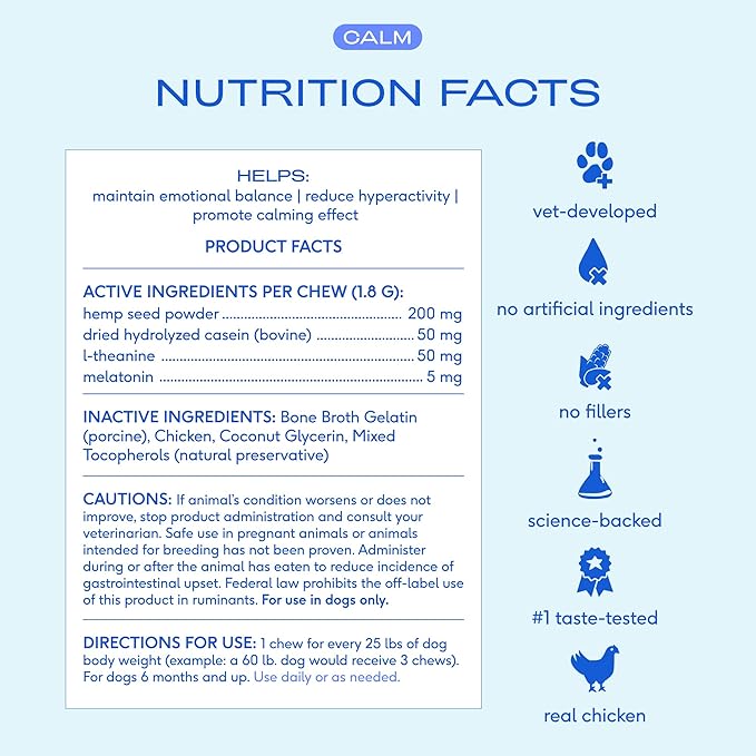 Native Pet Calming Chews for Dogs Large Breed - Promotes Calming Effect, Supports Emotional Balance & Reduces Hyperactivity - Hemp Seed, Melatonin for Dogs, L-Theanine & Casein - 30 Days Supply