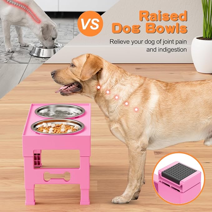 LAKIPETN Elevated Dog Bowls with Mat, Raised Dog Food Bowl Stand with 2 Stainless Steel Bowls, 5 Height Adjustable (3.1", 9", 10", 11", 12") Non-Slip Feeder Set for Medium and Large Dogs – Pink