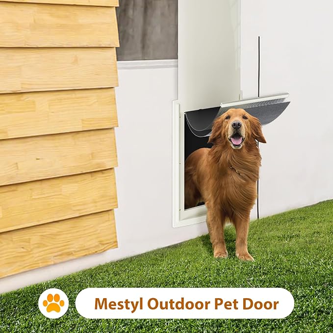 mestyl Dog Door for Wall, Pet Door, Doggie Door with Telescoping Tunnel, Double Magnetic Flaps and Sliding Lock Panels, 3-Flap Dog Door and Cat Door, Easy to Install, White, Medium
