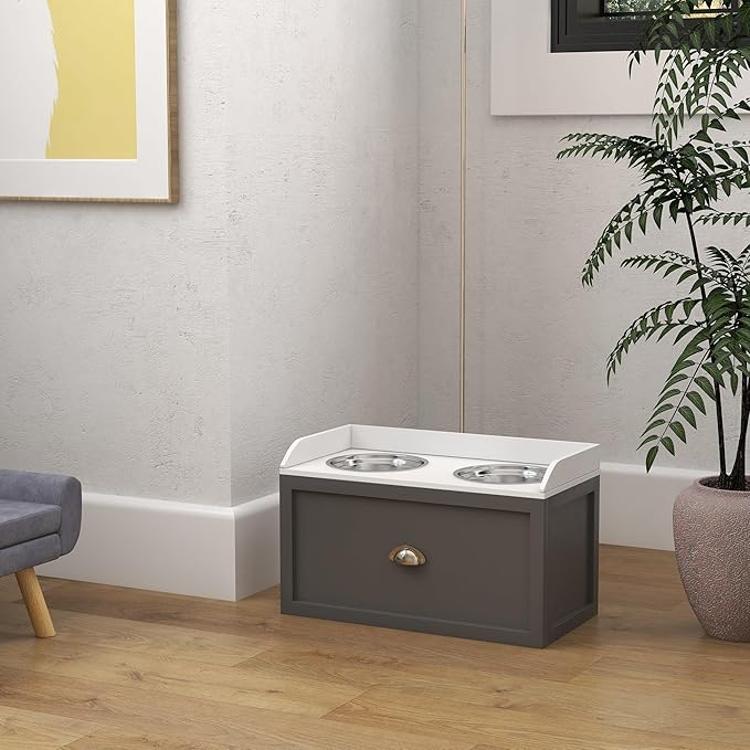 PawHut Feeding Station with Storage Drawer, Food Storage Cabinet with 2 Removable Elevated Bowls for Large Sized Dogs, Gray