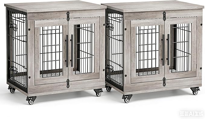 Lulive Small Dog Crate Furniture Set of 2, Dog Kennel Indoor Double Doors Wooden Dog Cage, 27'' Heavy Duty Dog Crate with Cushion & Wheels, End Table Pet House Chew-Resistant Up to 30 lb, Grey