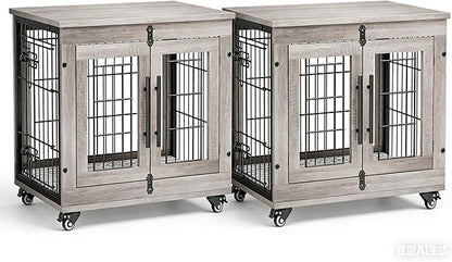 Lulive Small Dog Crate Furniture Set of 2, Dog Kennel Indoor Double Doors Wooden Dog Cage, 27'' Heavy Duty Dog Crate with Cushion & Wheels, End Table Pet House Chew-Resistant Up to 30 lb, Grey