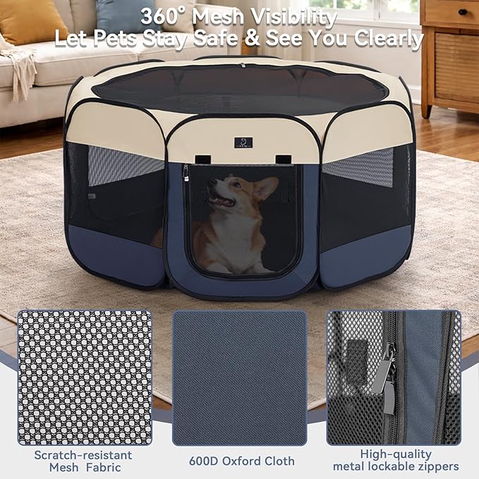 Dog Playpen for Small Dogs & Puppies, 40.55" Portable Indoor Outdoor Puppy Playpen with Bowl, Waterproof Floor, Foldable Pop-Up Pet Pen for Home, Travel & Daily Use