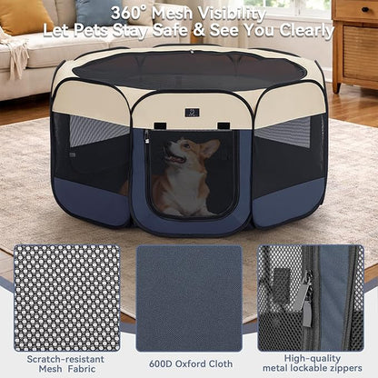Dog Playpen for Small Dogs & Puppies, 29.92" Portable Indoor Outdoor Puppy Playpen with Bowl, Waterproof Floor, Foldable Pop-Up Pet Pen for Home, Travel & Daily Use, Blue+Beige