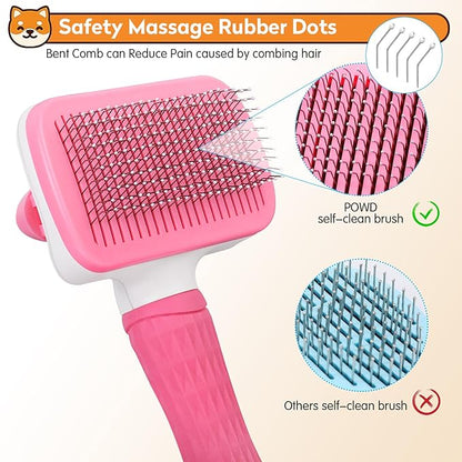 Dog & Cat Brush Kit 2PCS, Self Cleaning Slicker Brush for Pets, Upgraded Dog Brush for Shedding Massaging and Grooming, Removes Loose Undercoat & Portable Comb for Long Short Haired Dogs(Pink)