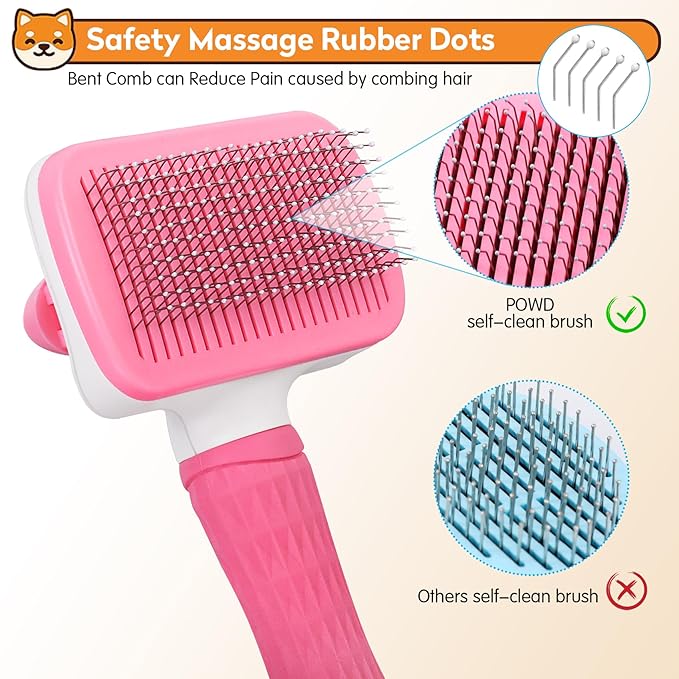 Dog & Cat Brush Kit 2PCS, Self Cleaning Slicker Brush for Pets, Dog Brush for Shedding Massaging and Grooming, Removes Loose Undercoat & Portable Comb for Long Short Haired Dogs(Pink)