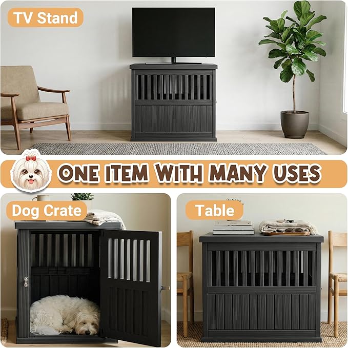 Fancyango Dog Crate Furniture End Table - Decorative Corner Dog House Table for Small to Medium Dogs, Indoor Plastic Dog Crate with Lockable Latch (Classic Black, 29.5" L x 21" W x 25.2" H)