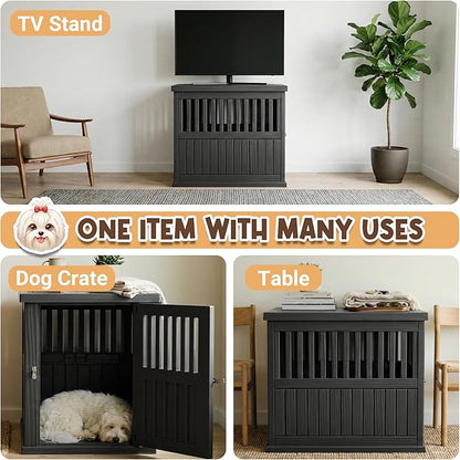 Fancyango Dog Crate Furniture End Table - Decorative Corner Dog House Table for Small to Medium Dogs, Indoor Plastic Dog Crate with Lockable Latch (Classic Black, 29.5" L x 21" W x 25.2" H)