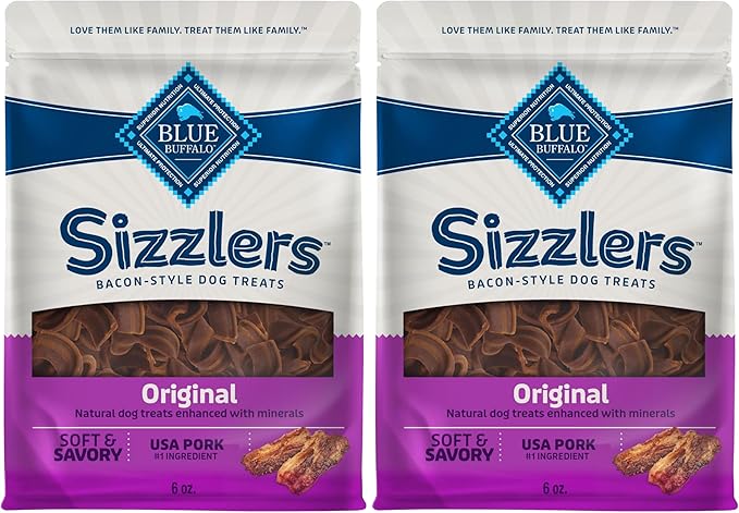 Blue Buffalo Sizzlers Natural Soft Dog Treats,Bacon-Style Soft-Moist Dog Treats with Real USA Pork,Original Flavor,6-oz Bag,(Pack of 2)