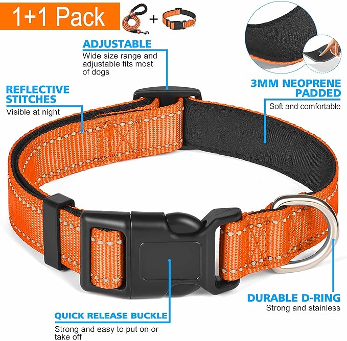 Ladoogo Reflective Dog Collar Padded with Soft Neoprene Breathable Adjustable Nylon Dog Collars for Small Medium Large Dogs (Medium (Pack of 1), Orange Collar+Leash)