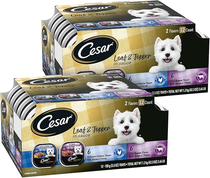 Cesar Loaf in Sauce Wet Dog Food Variety Pack, Rotisserie Chicken Flavor with Bacon & Cheese, Filet Mignon Flavor with Bacon & Potato, Wet Food for Dogs, 3.5 oz Easy Peel Trays, 12 Count (Pack of 2)
