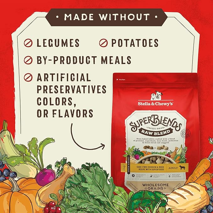 Stella & Chewy's SuperBlends Raw Blend Wholesome Grains Cage-Free Chicken & Duck Recipe with Superfoods, 21 lb. Bag