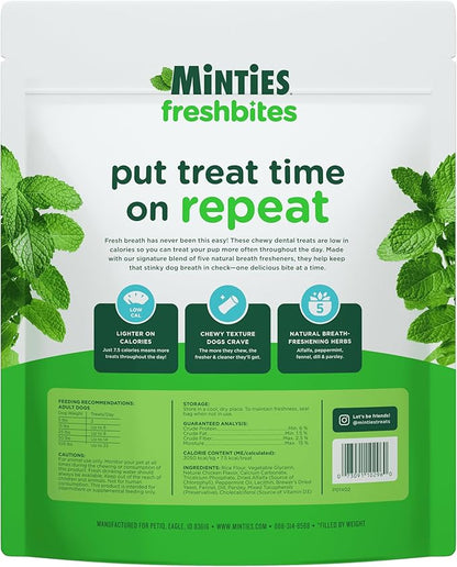 Minties FreshBites Soft and Chewy Dental Treats, Low Calorie Natural Mint Flavored Dental Chews for Dogs, 100 Count, Dog Chews Clean Teeth, Fight Bad Breath, Removes Plaque and Tartar