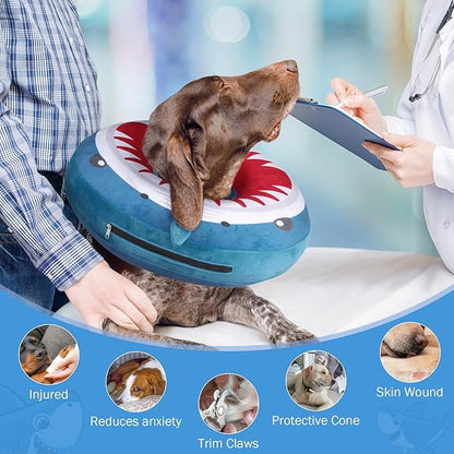 SCENEREAL Dog Cone Alternative After Surgery Pet Recovery Collar for Small Medium Large Dogs Cats, Adjustable Inflatable Donut to Prevent Licking, Shark Print E-Collars