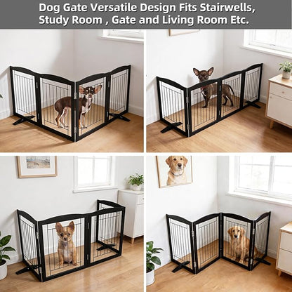 ZJSF Freestanding Dog Fence Indoor, Foldable Dog Gate for Doorways, Stairs or Hallways, Sturdy Wood Extra Wide Pet Gate with Support Feet for The House, Black, 24 "Height-4 Panels