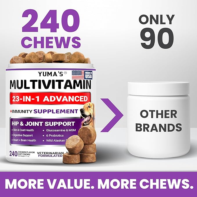 Dog Vitamins and Supplements - 240 Treats - Dog Multivitamin Chewable with Glucosamine - Senior & Puppy Multivitamin for Dogs - Hip & Joint Support - Immune Health, Skin, Heart, Digestion, Probiotics