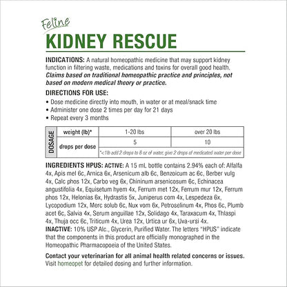 HomeoPet Feline Kidney Rescue, Safe and Natural Renal Supplement for Cats and Kittens, 15 Milliliters