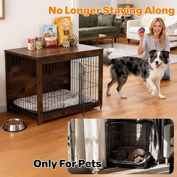 Dog Crate Furniture, Wooden Dog Crate 37in, Decorative Cage with End Table for Dog Indoor Kennel, High Anxiety Dog, Escape-Proof Locks for All Breeds