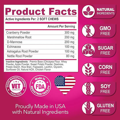 Dog UTI Chews - Advanced Cranberry Supplement for Dogs - Bladder Control - Urinary Tract Support - Cranberry Supplement Vitamins Multivitamin Chews - Made in USA