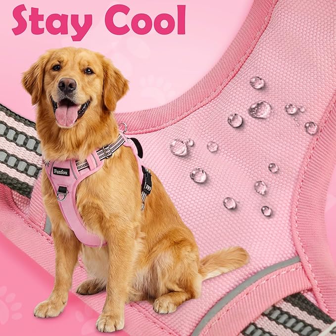 Funfox Dog Harness No Pull, Adjustable Pet Vest Harness, Super Soft Material with Vertical Handle Easy Control, Reflective Night Walking, 2 Leash Clips for Small Sized Dogs, Pink, S