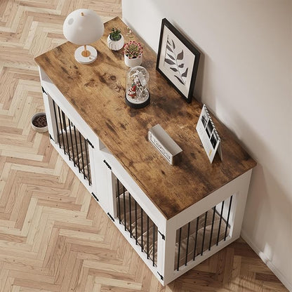 55'' Dog Crate Furniture for 2 Dogs, Wooden Dog Cage with Storage Compartment, Indoor Dog Kennel with 2 Doors for Large/Medium Dogs, White
