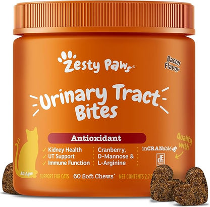 Zesty Paws Cranberry Urinary Tract Bites for Cats - Kidney & Urinary Tract Health - Soft Chews with D-Mannose, Vitamin B6 & L-Arginine - Immune & Gut Support - Bacon - 60 Count