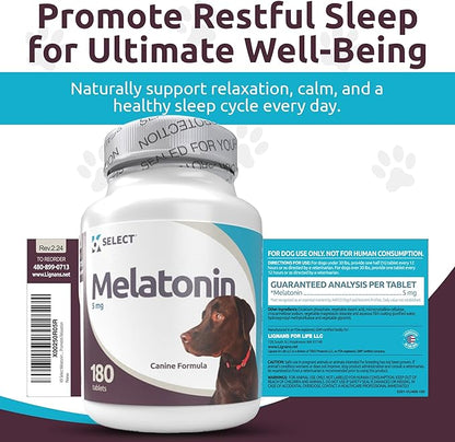 K9 Select Melatonin for Dogs - Calming Aid Tasty Dog Supplement - Helps Overall Health with Quiet Moments and Composure - Reduce Stress Calming Treats for Large Dogs - 5 mg, 180 Tablets