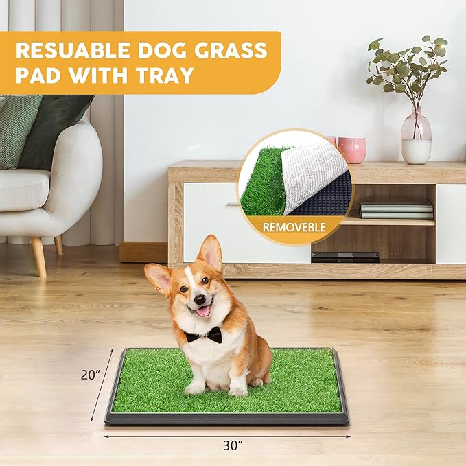 Dog Grass Pad with Tray, 30" x 20" Large Artificial Grass Pad for Dogs, Indoor Washable Dog Litter Box Reusable Puppy Toilet Pet Loo for Puppy Potty Training
