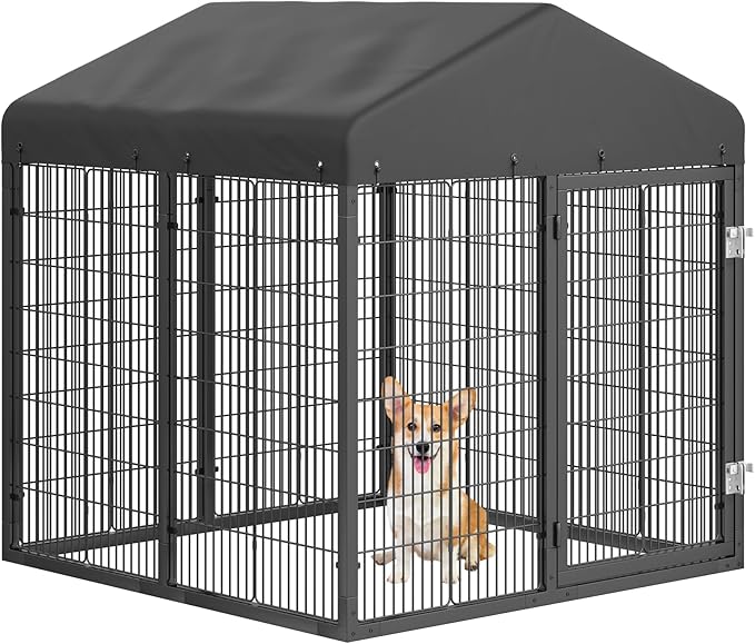 Petony Large Outdoor Dog Enclosure,Heavy Duty Dog Cage with Roof,Galvanized Steel Dog Kennel Fence with Double Safety Locks(4.2'L x 4'W x 4.5'H)