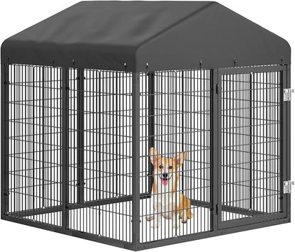 Petony Large Outdoor Dog Enclosure,Heavy Duty Dog Cage with Roof,Galvanized Steel Dog Kennel Fence with Double Safety Locks(4.2'L x 4'W x 4.5'H)