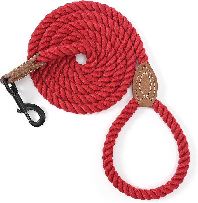 Mile High Life Dog Leash, Braided Cotton Rope Leashes with Leather Tip - Heavy Duty Metal Clasp, 4FT, 1/2" Thick - Wedding, Walking & Training Leash for Small Medium Large Dogs (Red)