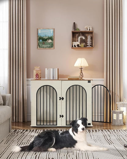 Hzuaneri 44.1" Wooden Dog Crate Furniture, Indoor Dog Kennel Dogs Cage for Small/Medium/Large Dogs, Heavy Duty Dog Crates Decorative Pet House End Side Table TV Stand, White Brown DFC83914B