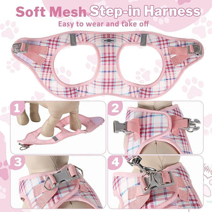 Gyuzh Dog Harness and Leash Set for Puppies - 3 Piece Step in No Pull Vest & Collar, Extra Small Kitten Harness, Breathable Reflective Plaid, Padded Leash (Pink, S)