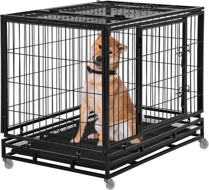 Dog Crate Dog Cage Dog Kennel for Large Dogs Heavy Duty 42 Inches Pet Playpen for Training Indoor Outdoor with Plastic Tray Double Doors & Locks Design
