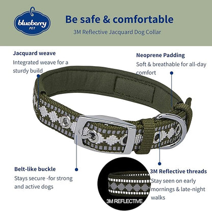 Blueberry Pet Reflective Jacquard Dog Collar with Neoprene Padding & Metal Buckle | Soft & Adjustable Safety Collar - Olive, Neck 13-16.5", for Medium Breed